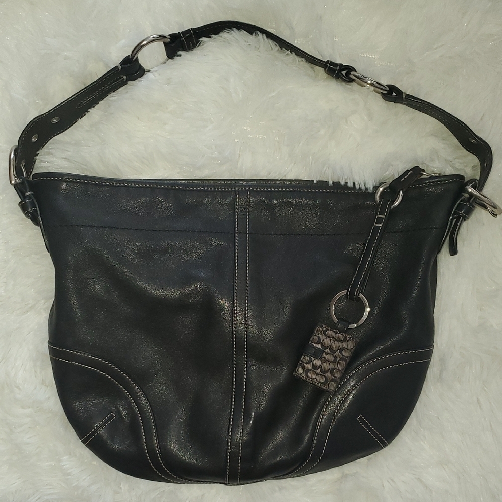 Coach Black Leather Crescent Shoulder Bag with Metal Accents